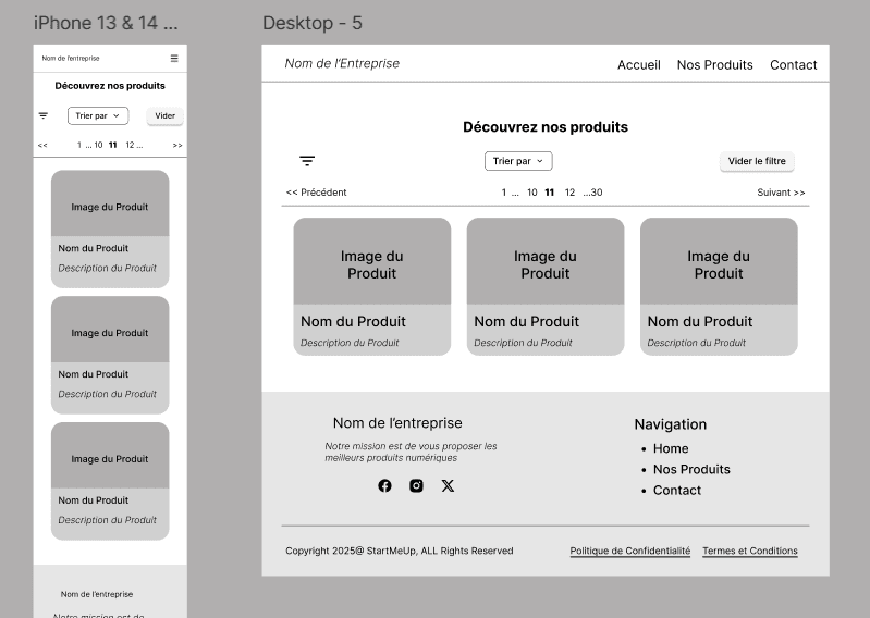 Image d'un Wireframe d'un site web sur Figma